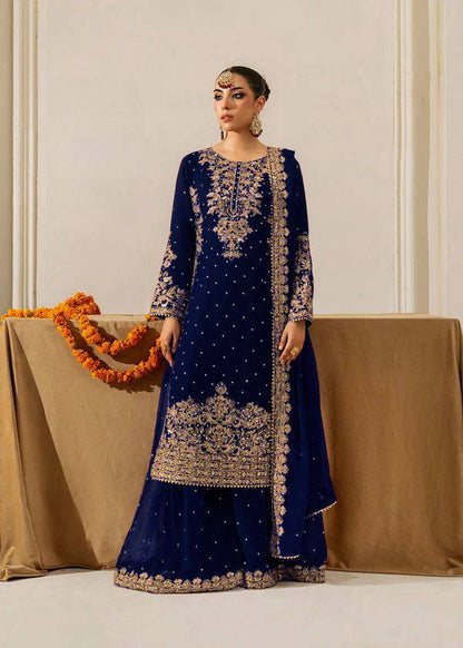 Ceremony Wear Blue Color Velvet Embroidered Pakistani Suit Set