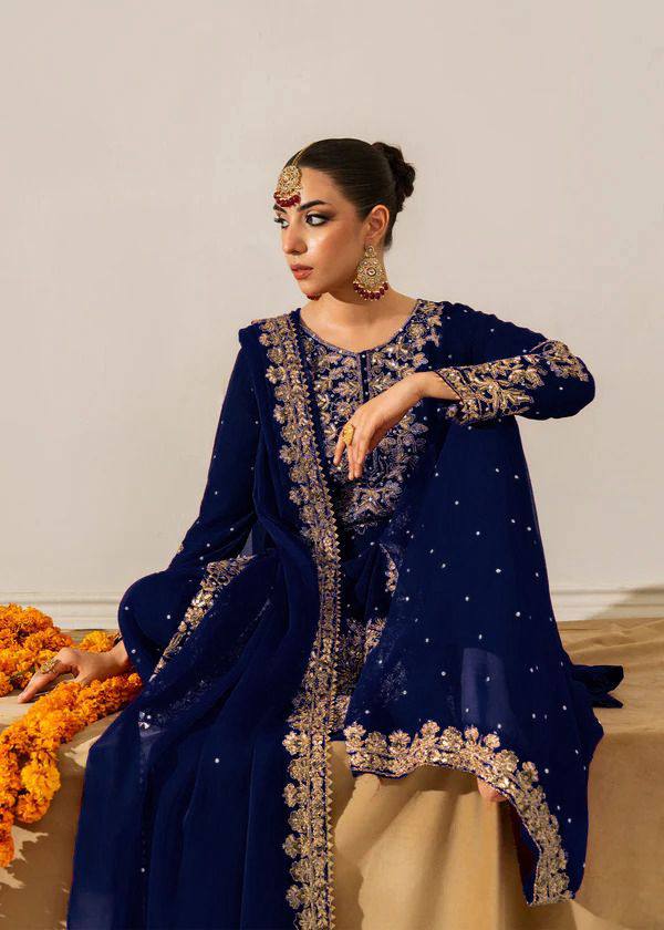 Ceremony Wear Blue Color Velvet Embroidered Pakistani Suit Set