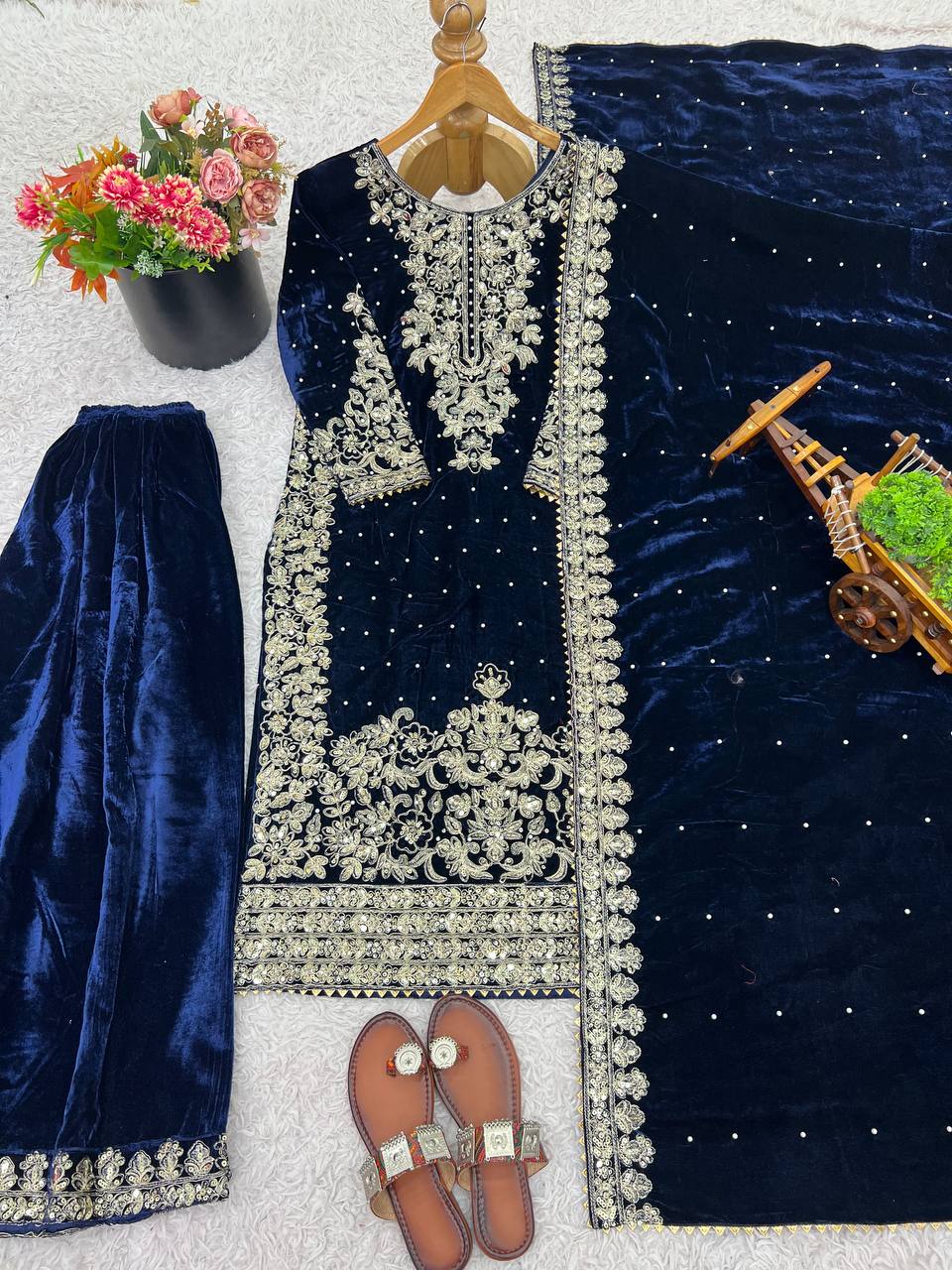 Ceremony Wear Blue Color Velvet Embroidered Pakistani Suit Set