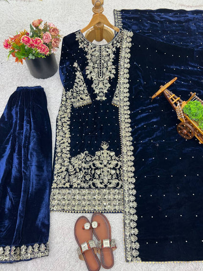 Ceremony Wear Blue Color Velvet Embroidered Pakistani Suit Set