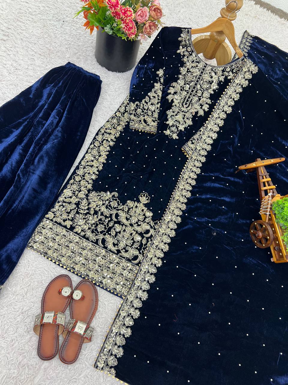 Ceremony Wear Blue Color Velvet Embroidered Pakistani Suit Set