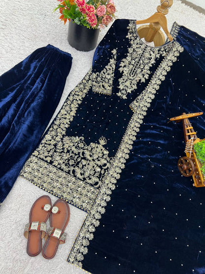 Ceremony Wear Blue Color Velvet Embroidered Pakistani Suit Set