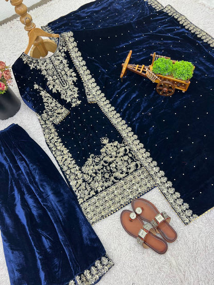 Ceremony Wear Blue Color Velvet Embroidered Pakistani Suit Set