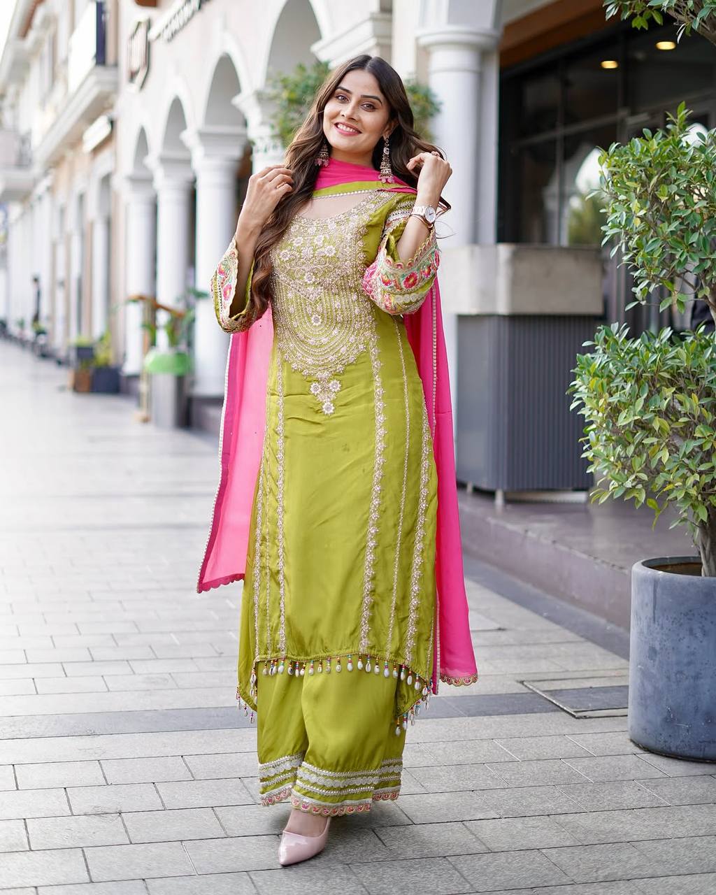 Embellished Green Color Heavy Vichitra Silk Embroidery Sequences With Real Mirror Work Palazzo Suit