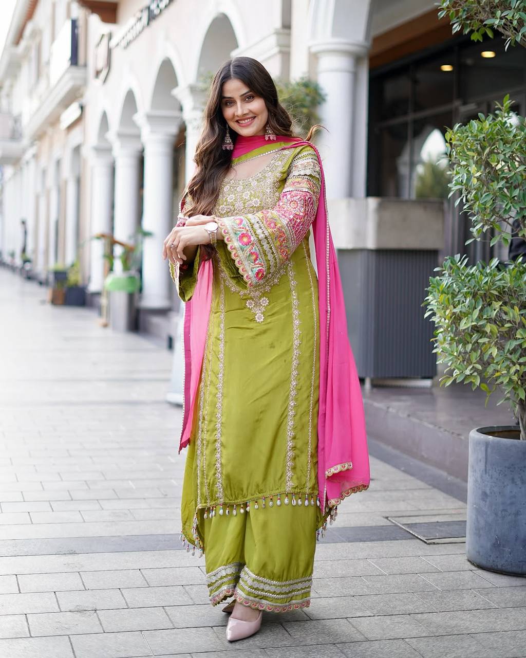 Embellished Green Color Heavy Vichitra Silk Embroidery Sequences With Real Mirror Work Palazzo Suit