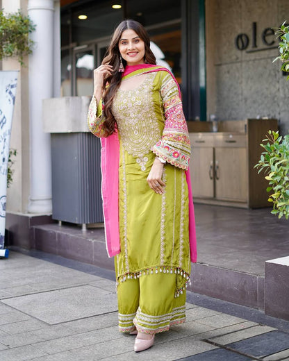 Embellished Green Color Heavy Vichitra Silk Embroidery Sequences With Real Mirror Work Palazzo Suit