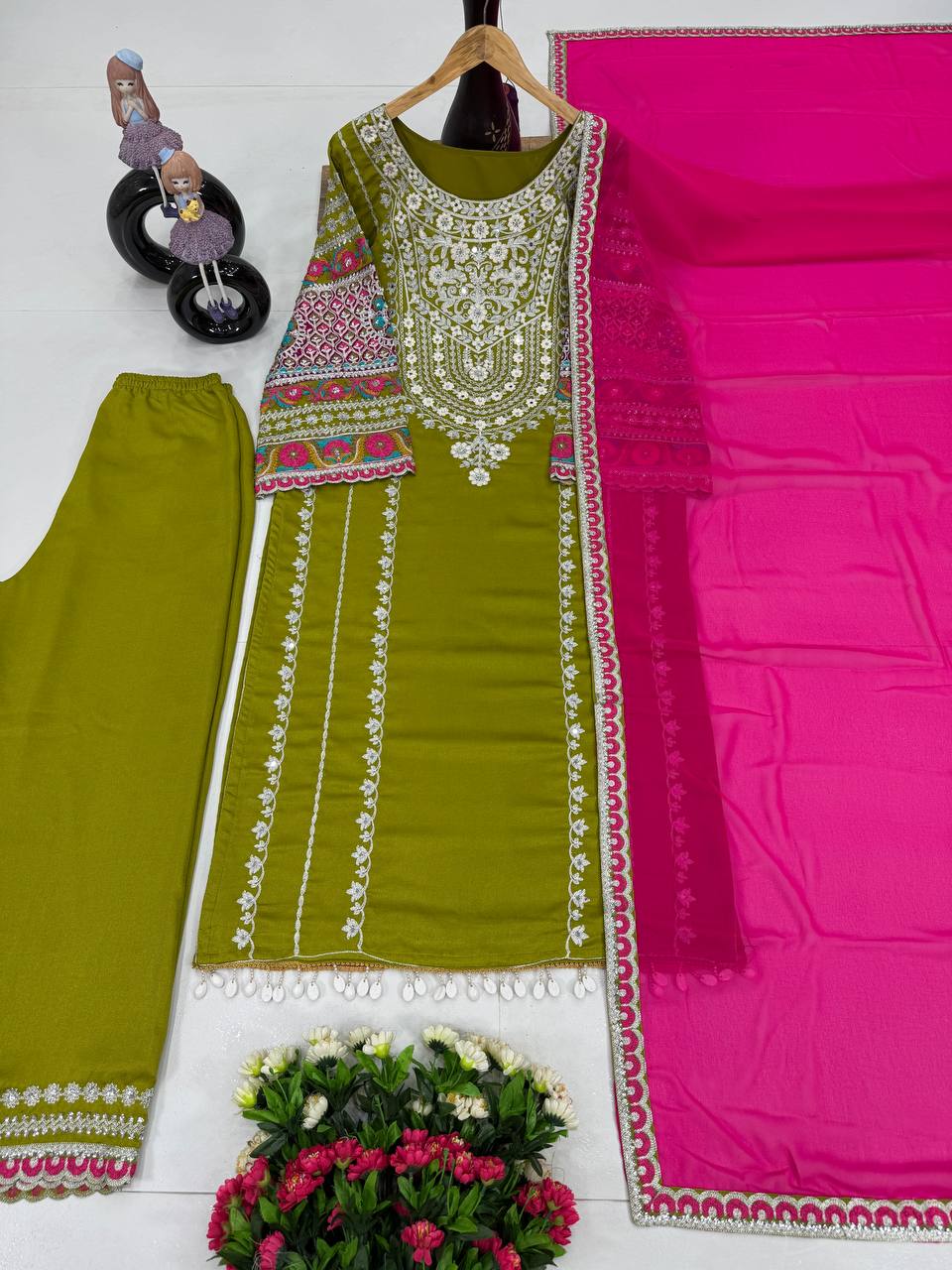 Embellished Green Color Heavy Vichitra Silk Embroidery Sequences With Real Mirror Work Palazzo Suit