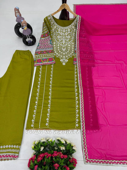 Embellished Green Color Heavy Vichitra Silk Embroidery Sequences With Real Mirror Work Palazzo Suit