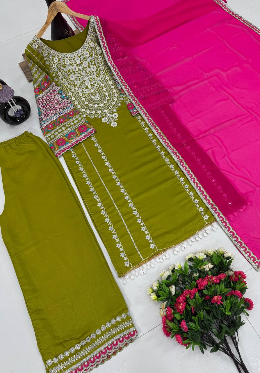 Embellished Green Color Heavy Vichitra Silk Embroidery Sequences With Real Mirror Work Palazzo Suit