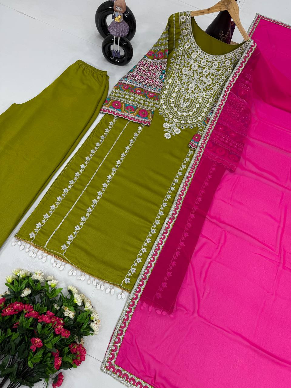 Embellished Green Color Heavy Vichitra Silk Embroidery Sequences With Real Mirror Work Palazzo Suit