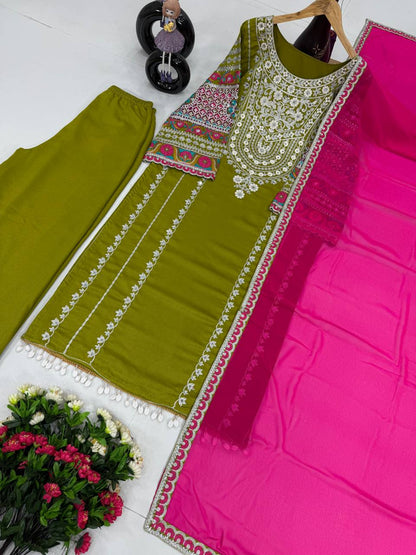 Embellished Green Color Heavy Vichitra Silk Embroidery Sequences With Real Mirror Work Palazzo Suit
