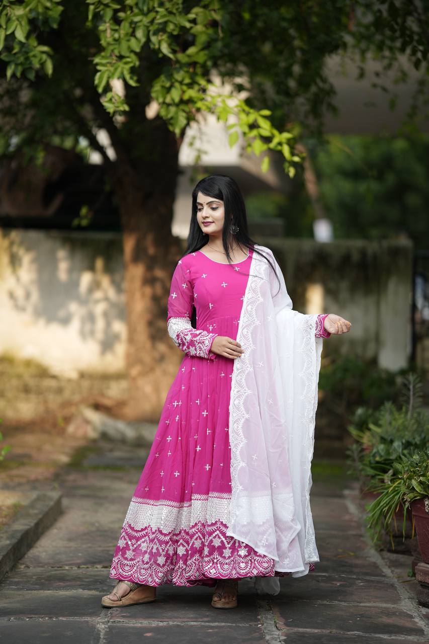 Ravishing Pink Color Faux Blooming With Heavy Sequins And Thread Embroidered Work Gown