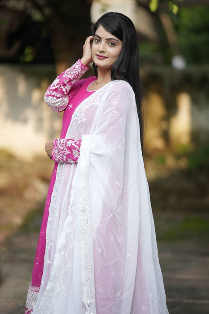 Ravishing Pink Color Faux Blooming With Heavy Sequins And Thread Embroidered Work Gown