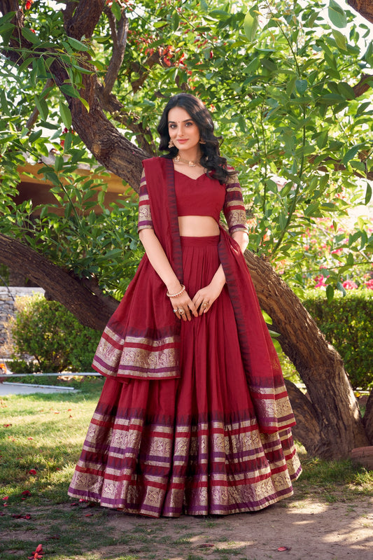 Latest Maroon Color Pure Chanderi Plain With Zari Weaving Work Border Lehenga Choli