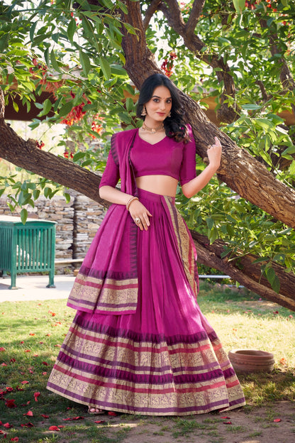 Latest Pink Color Pure Chanderi Plain With Zari Weaving Work Border Lehenga Choli