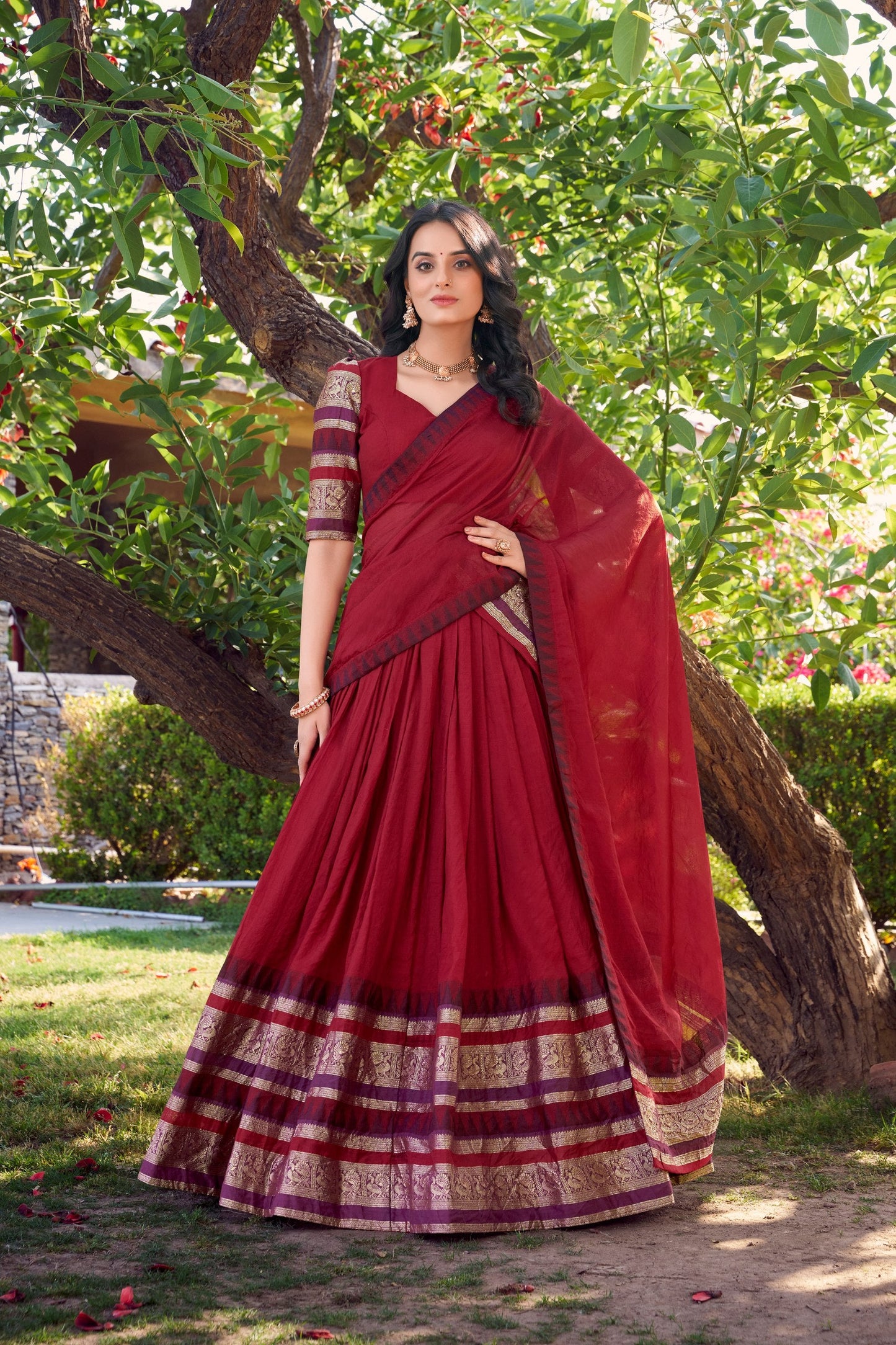 Latest Maroon Color Pure Chanderi Plain With Zari Weaving Work Border Lehenga Choli