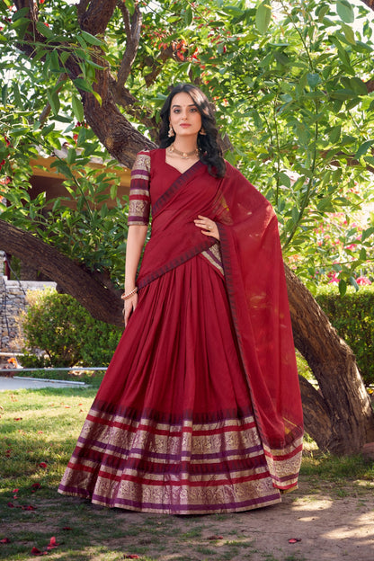 Latest Maroon Color Pure Chanderi Plain With Zari Weaving Work Border Lehenga Choli