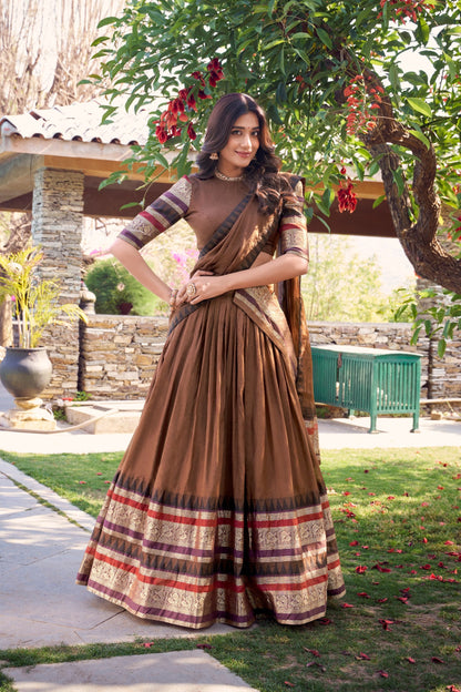 Latest Brown Color Pure Chanderi Plain With Zari Weaving Work Border Lehenga Choli