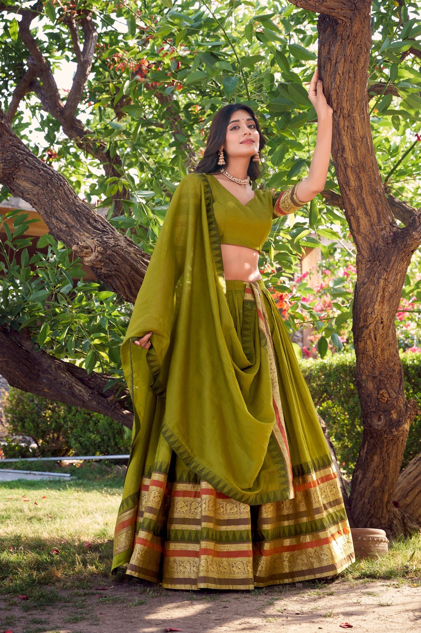 Latest Green Color Pure Chanderi Plain With Zari Weaving Work Border Lehenga Choli