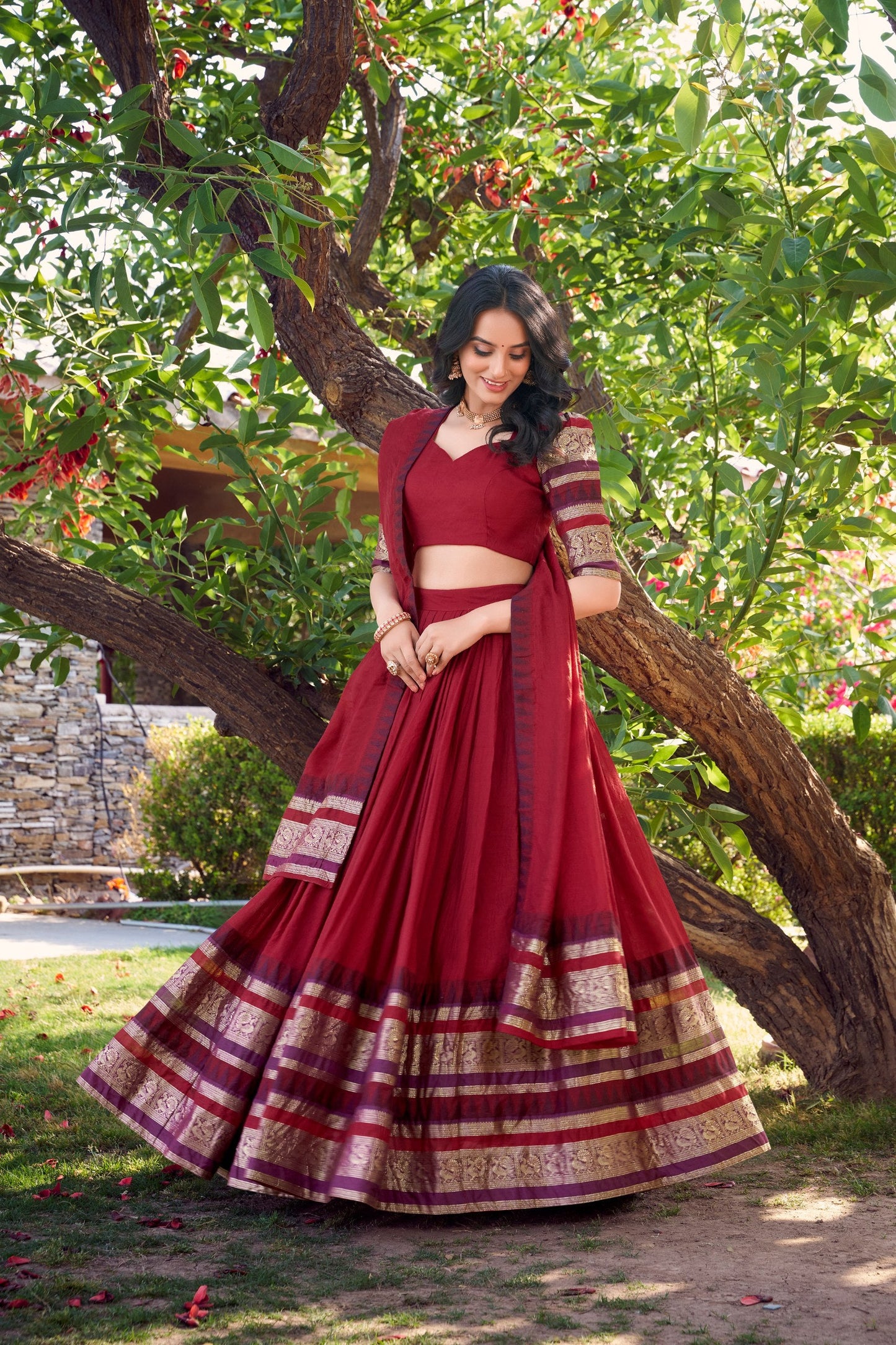 Latest Maroon Color Pure Chanderi Plain With Zari Weaving Work Border Lehenga Choli