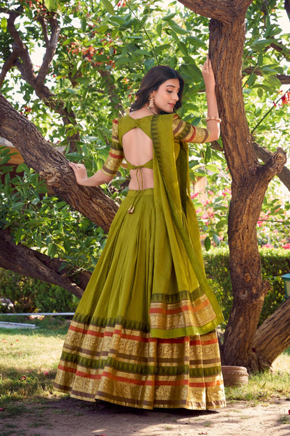 Latest Green Color Pure Chanderi Plain With Zari Weaving Work Border Lehenga Choli