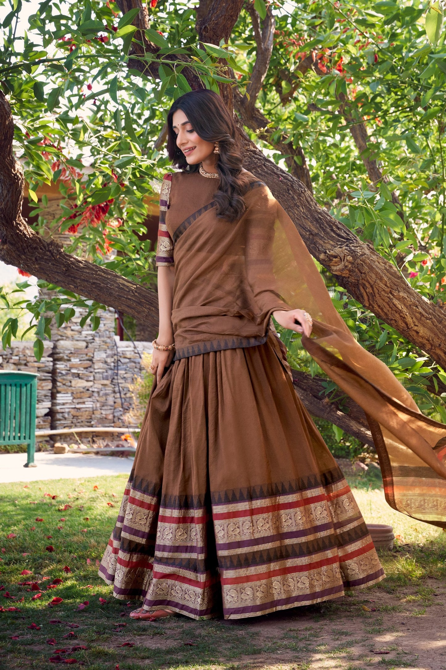 Latest Brown Color Pure Chanderi Plain With Zari Weaving Work Border Lehenga Choli
