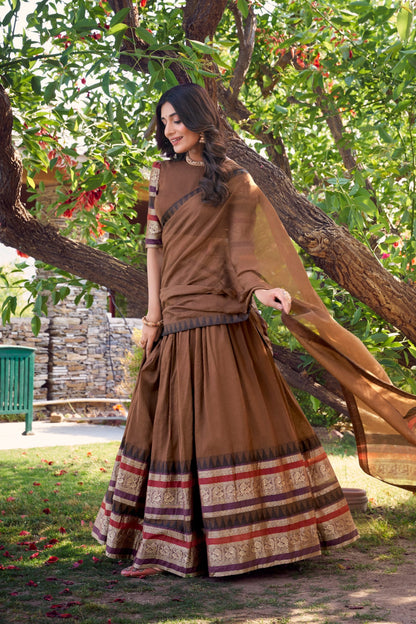 Latest Brown Color Pure Chanderi Plain With Zari Weaving Work Border Lehenga Choli