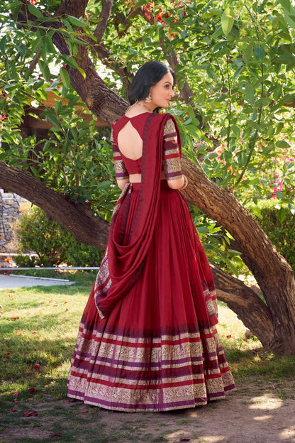 Latest Maroon Color Pure Chanderi Plain With Zari Weaving Work Border Lehenga Choli
