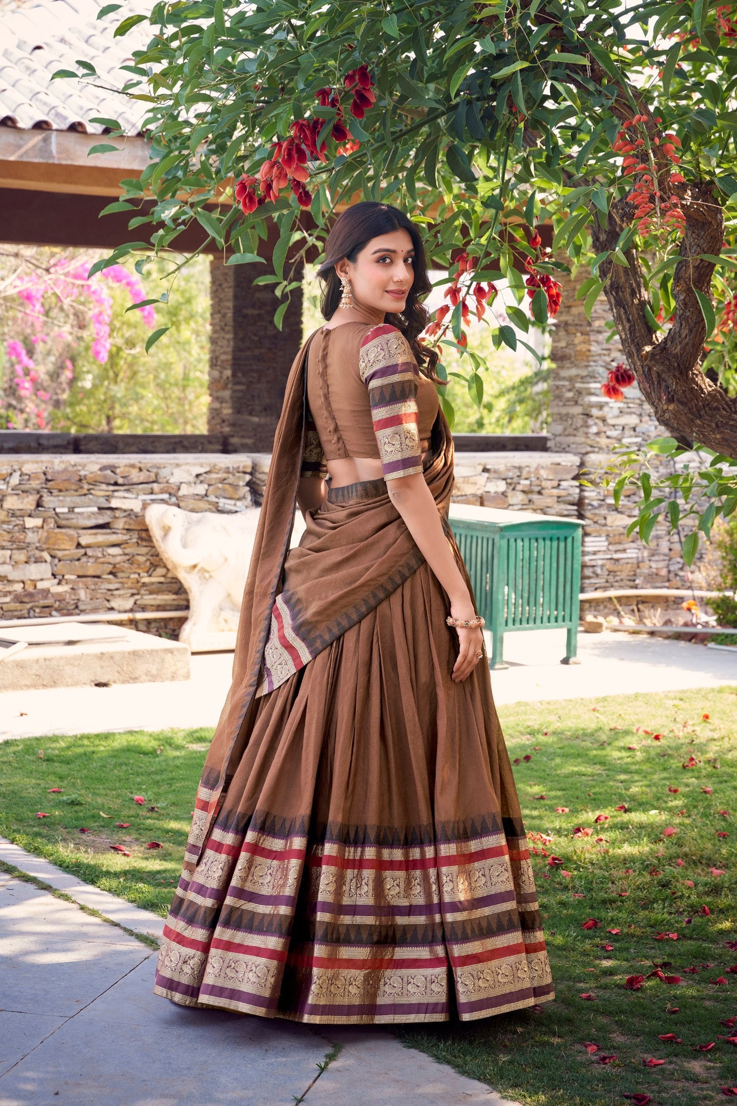 Latest Brown Color Pure Chanderi Plain With Zari Weaving Work Border Lehenga Choli