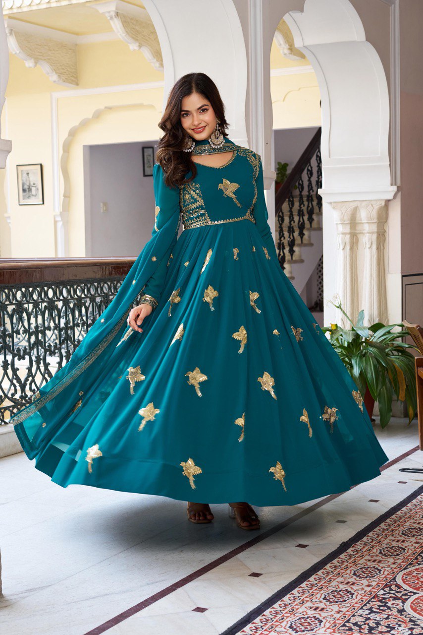 Wedding Wear Teal Color Georgette Thread Work Anarkali Gown