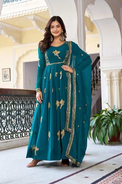 Wedding Wear Teal Color Georgette Thread Work Anarkali Gown