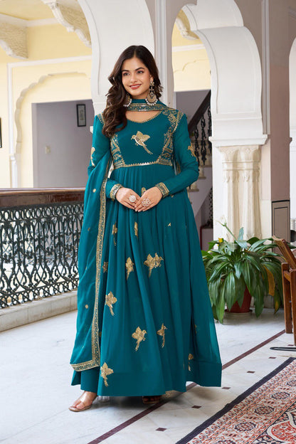 Wedding Wear Teal Color Georgette Thread Work Anarkali Gown