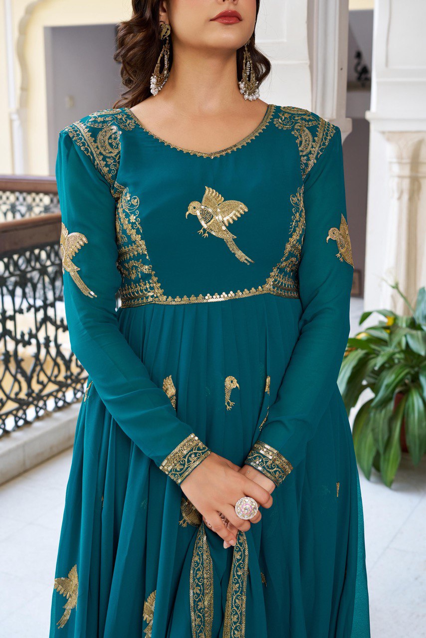 Wedding Wear Teal Color Georgette Thread Work Anarkali Gown
