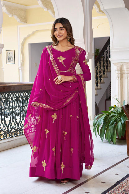 Wedding Wear Pink Color Georgette Thread Work Anarkali Gown