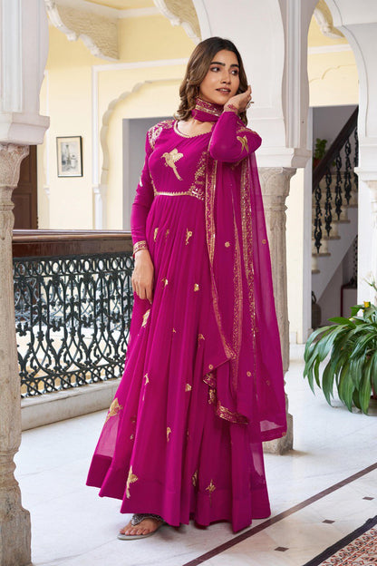 Wedding Wear Pink Color Georgette Thread Work Anarkali Gown
