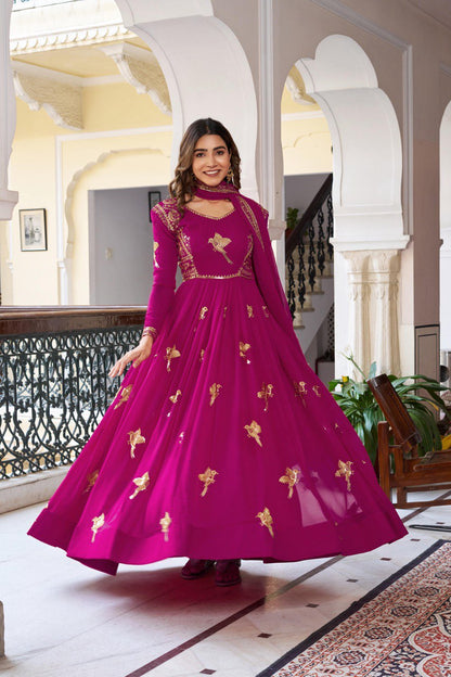 Wedding Wear Pink Color Georgette Thread Work Anarkali Gown