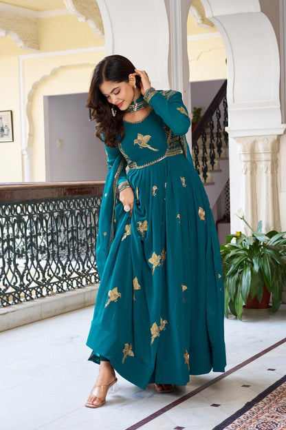 Wedding Wear Teal Color Georgette Thread Work Anarkali Gown