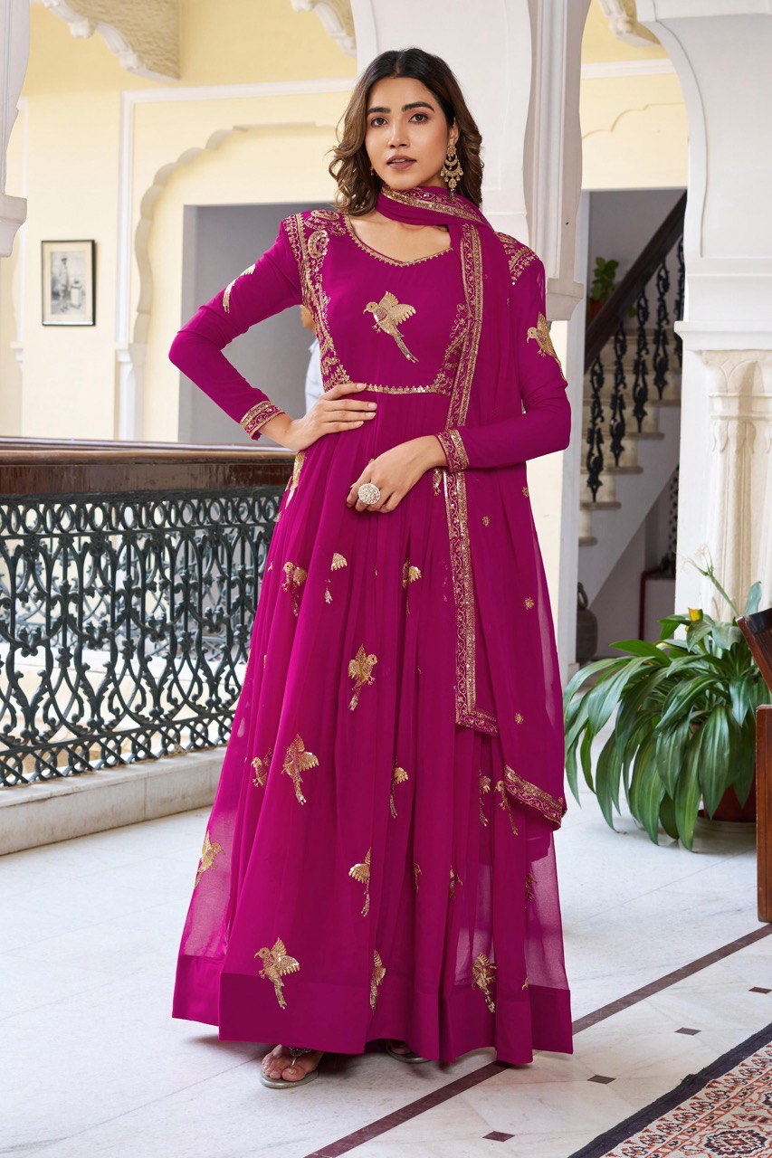 Wedding Wear Pink Color Georgette Thread Work Anarkali Gown
