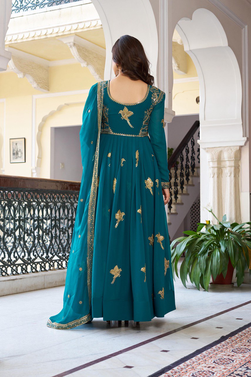 Wedding Wear Teal Color Georgette Thread Work Anarkali Gown