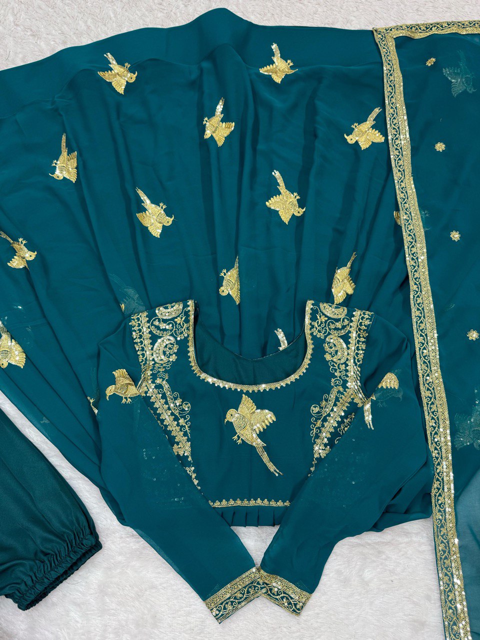 Wedding Wear Teal Color Georgette Thread Work Anarkali Gown