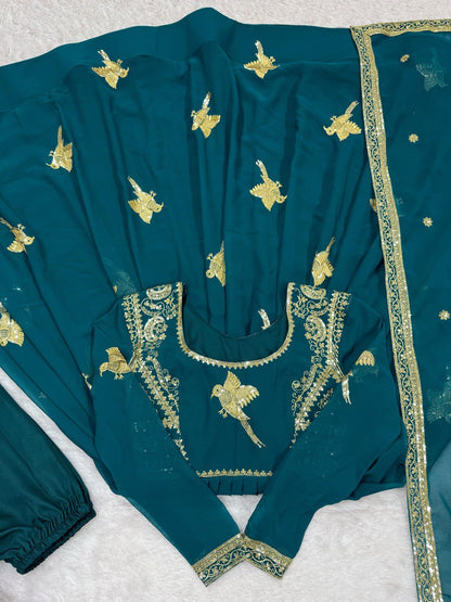 Wedding Wear Teal Color Georgette Thread Work Anarkali Gown