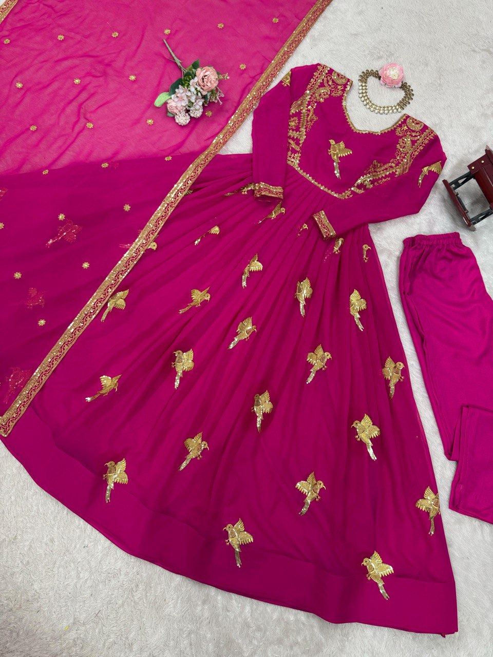 Wedding Wear Pink Color Georgette Thread Work Anarkali Gown