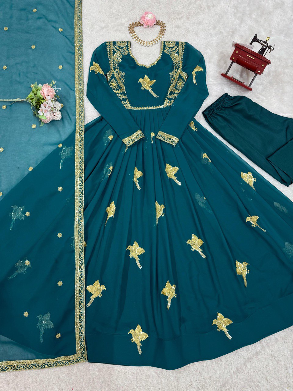 Wedding Wear Teal Color Georgette Thread Work Anarkali Gown