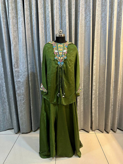 Beautiful Green Color Heavy Chinon With Embroidery Sequins Work Palazzo Suit