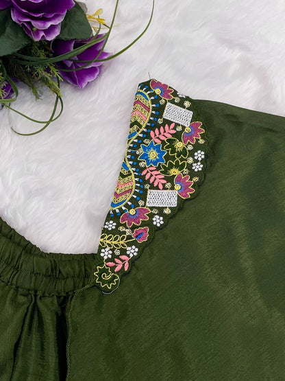 Beautiful Green Color Heavy Chinon With Embroidery Sequins Work Palazzo Suit