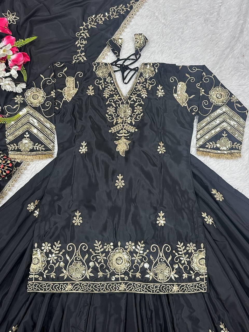 Ceremony Wear Black Color Natural Crepe Silk With 5mm Sequence Work Lehenga Suit
