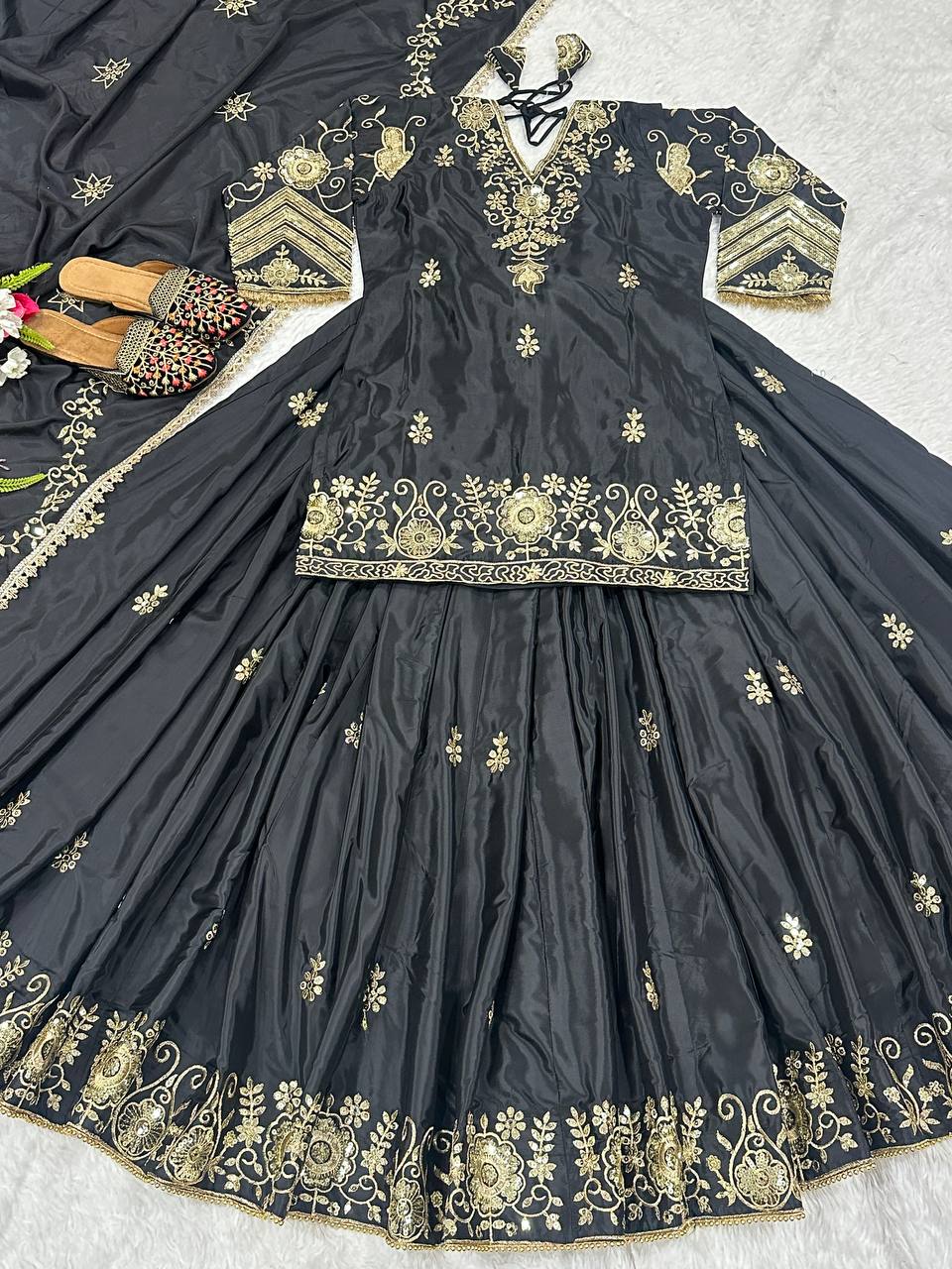 Ceremony Wear Black Color Natural Crepe Silk With 5mm Sequence Work Lehenga Suit