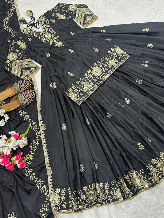 Ceremony Wear Black Color Natural Crepe Silk With 5mm Sequence Work Lehenga Suit