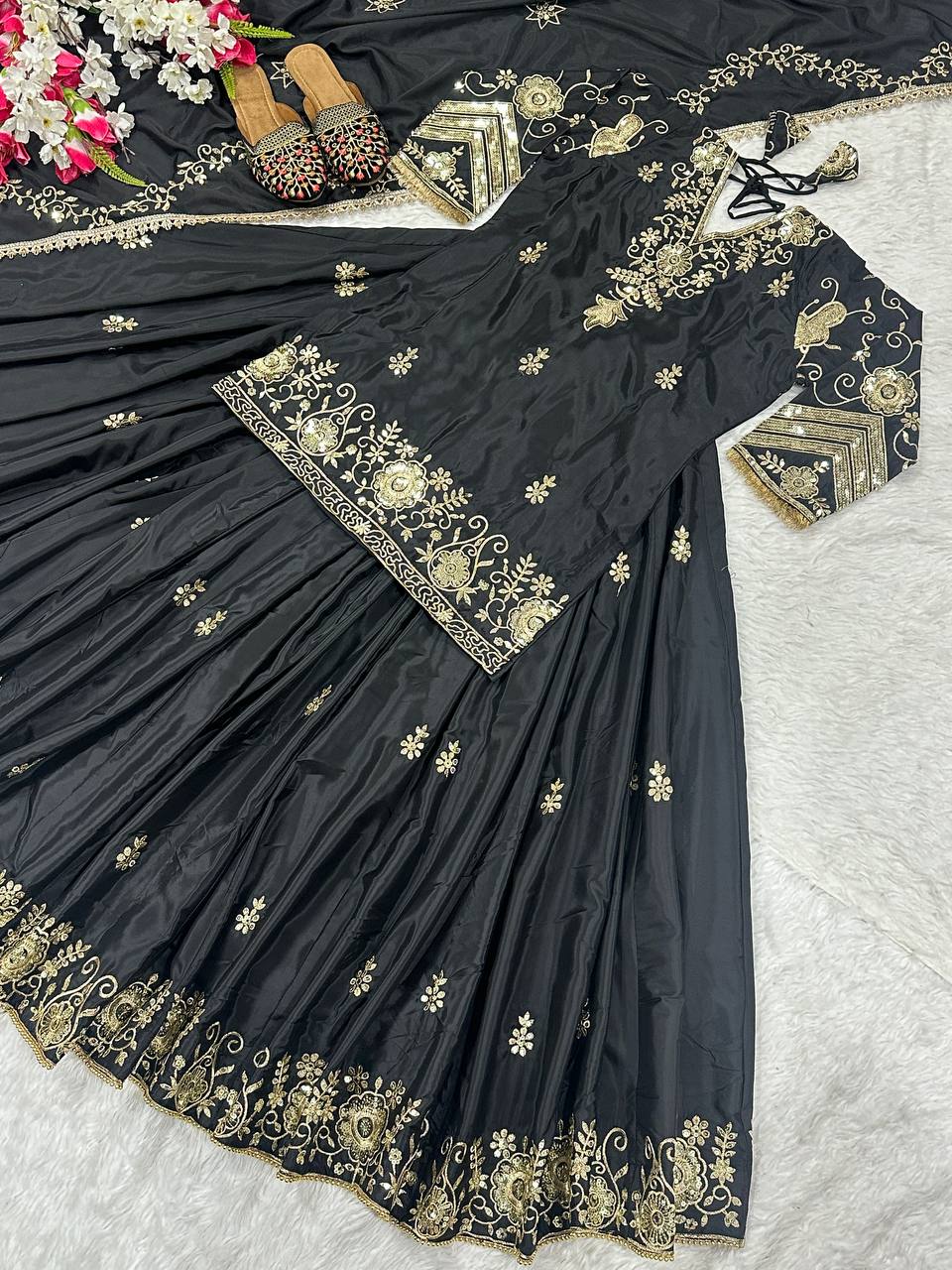 Ceremony Wear Black Color Natural Crepe Silk With 5mm Sequence Work Lehenga Suit