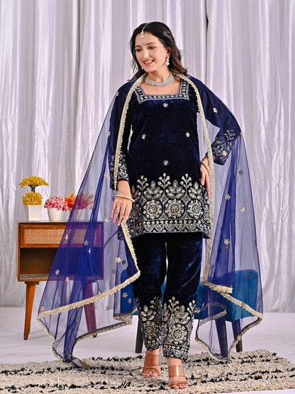 Party Wear Navy Blue Color Designer Heavy Velvet Suit Set